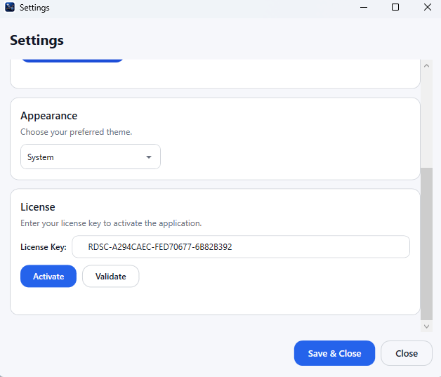 Settings window showing the License section with a license key entered and Activate / Validate buttons